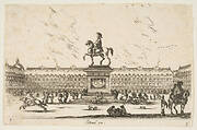 Plate 3: La Place Royale, equestrian statue of Louis XIII in profile facing the left in center, various horsemen and figures in background, from 'Various Figures' (Agréable diversité de figures)