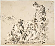 A Crouching Man Defecating and a Standing Man Urinating