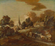 An Imaginary Wooded Village with Drovers and Cattle