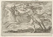 Hercules and the Hind of Mount Cerynea: Hercules strides alongside the hind and grasps the base of one antler with his right hand, from the series 'The Labors of Hercules'