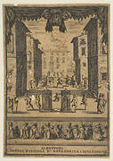 Frontispiece for the comedy 'The Buffoons' (Li Buffoni), a set on stage resembling a public space, various figures dancing around two people in cages in center stage, fifteen spectators below