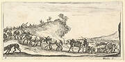 Plate 4: a procession of cannons and horses riding uphill towards the left, a dog at lower left, from Dessins de quelques conduites de troupes