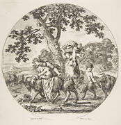 Satyr family walking towards the left with two goats and a basket of grapes