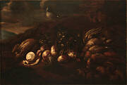 Turnips, game, mushrooms and a magpie