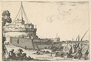 The Castel Sant'Angelo and the Pont Sant'Angelo in Rome, various boats unloading to right, two pilgrims with children seated to left, from 'Varie figure'