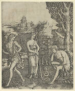 A young man sitting at right resting his head in his hand, a snake with a womans head before him, a young woman holding a  pan pipes standing in the centre and a young man leaving at left