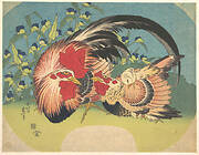 露草に鶏と雛|Rooster, Hen and Chicken with Spiderwort