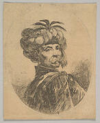 A Turkish man with a moustache, wearing a turban decorated with five egret feathers, turned three-quarters to the right, an oval composition, from 'Several heads in the Persian style' (Plusieurs têtes coiffées à la persienne)