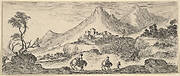 Two horseman descend a hill in center, following another man on foot, a castle in the mountains in the center background, from 'Various landscapes' (Divers paysages)