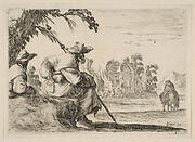 Plate 5: two pilgrims with hats rest to the left, seen from behind, a horseman rides towards the background to the right, from 'Various Figures' (Agréable diversité de figures)