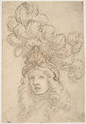 View in 3/4 of a Design for a Headpiece Decorated with a Shell and Large Plume