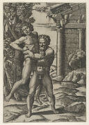 Hercules holding Antaeus by the waist and lifting him off his feet