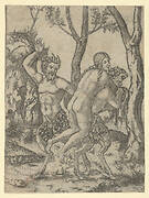 A satyr carrying a nymph on his back and another raising his right hand to slap her