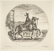 Polish horseman in profile facing right, a tower and other figures on horses in background, a circular composition, from 'Figures on Horseback' (Cavaliers nègres, polonais et hongrois)