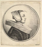 Woman with circular ruff, bonnet and hair-pin, in profile to right