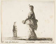 Plate 18: a noblewoman walking towards the left with a feathered fan, another woman in background to left, from 'Diversi capricci'