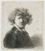 Self-portrait with curly hair and white collar: bust