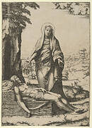 The Pietà: the Virgin standing over the dead Christ, her hands outspread