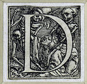 Initial for alphabet of Latin capital letters (known as the 'Death Alphabet'): the letter D