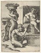 The Vintage; a man pouring grapes from a basket into a vat, above Bacchus sitting, other figures at left