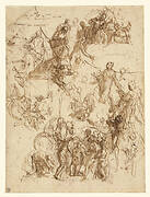 Sheet of Studies for "The Martyrdom of Saint George" (recto); Studies of a House, Tree, Heads, Artist's Tools, Decorative Motifs, and Computations (verso)