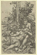 Medor and  Angelica from Lodovico Ariosto's 'Orlando Furioso' or Venus and Adonis embracing, set within a landscape