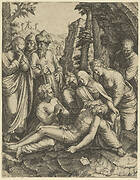 The lamentation of the dead Christ who is supported by the Virgin Mary and surrounded by other figures