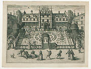 Castle garden with a group of men and women