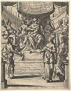 Frontispiece for "Tristan L'Hermite": Marianne standing to right before Herod and his court at top center, being accused by the butler at left of poisoning her husband