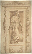 Female Allegorical Figure of Benignitas (Goodness), with Attributes of Abundance Standing in a Niche (recto); Architectural Sketches (verso)