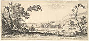 Plate 3: two horsemen crossing a river to right, a woman with two baskets atop a donkey to left, trees to the left and right, a bridge in the background, from 'Various landscapes' (Divers paysages)