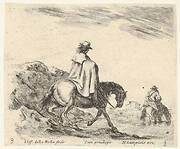 Plate 8: a horseman descends a riverbank, another horseman in river to right, from 'Diversi capricci'