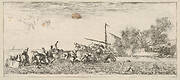 Naval battle, a rowboat filled with people fighting with muskets to left, people drowning in the sea in the center and right foreground, a ship on its side and burning in the background, from 'Peace and War' (Divers desseins tant pour la paix que pour la guerre)