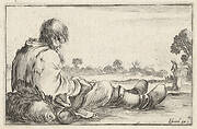 Plate 11: an old man sitting on the ground to left, seen from behind, a peasant woman seen from behind to right in backfround, from 'Caprice faict par de la Bella'