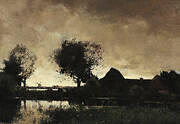 A Polder Landscape with a Farm at Dusk