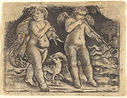 Cupid carrying a fowl accompanied by a dog, and another cupid playing a trumpet