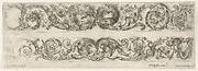 Two Frieze Designs with Acanthus Scrolls combined with a Lion and Eagle on top and Two Rams below, Plate 5 from: 'Decorative friezes and foliage' (Ornamenti di fregi e fogliami)