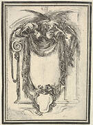 Plate 10: a cartouche formed by drapery and topped with two skeletons atop an Ionic entablature, from 'Nouvelles inventions de Cartouches'