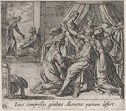 Plate 86: The Birth of Hercules (Iuno compreßis genibus Alcumenae partum differt), from Ovid's 'Metamorphoses'