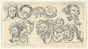 Plate 8: four grotesque heads with scrollwork, from 'Friezes, foliage, and grotesques' (Frises, feuillages et grotesques)