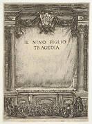 Title page for 'The Child Nino' (Il Nino Figlio), a stage with the curtain drawn, the coat of arms of the duke of Modena at top center, spectators below