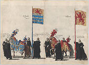 Plate 37: Men with heraldic flags and horses from Zeeland and Holland marching in the funeral procession of Archduke Albert of Austria; from 'Pompa Funebris ... Alberti Pii'