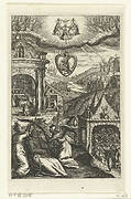 Embleem met verering van Heilige Franciscus van Assisi die in deugd leefde