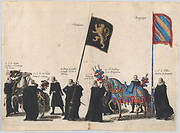 Plate 45: Men with heraldic flags and horses from the House of Brabant and Burgundy marching in the funeral procession of Archduke Albert of Austria; from 'Pompa Funebris ... Alberti Pii'