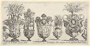 Seven vases, the vase in the middle decorated with the face of Medusa, Plate 1 from 'Collection of Various Vases' (Raccolta di Vasi Diversi)