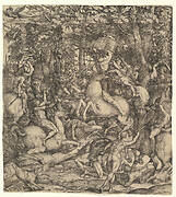 Battle between cavalry and infantry in a wood