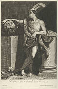 David standing with crossed legs and holding the head of Goliath on a pedestal at left, a sword on the ground, after Reni