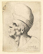 Bust of a deformed man wearing a bulbous hat in profile to the left