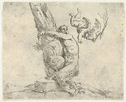 A winged putto flogging a satyr tied to a tree