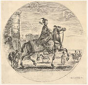 Polish horseman in profile facing right, a tower and other figures on horses in background, a circular composition, from 'Figures on Horseback' (Cavaliers nègres, polonais et hongrois)